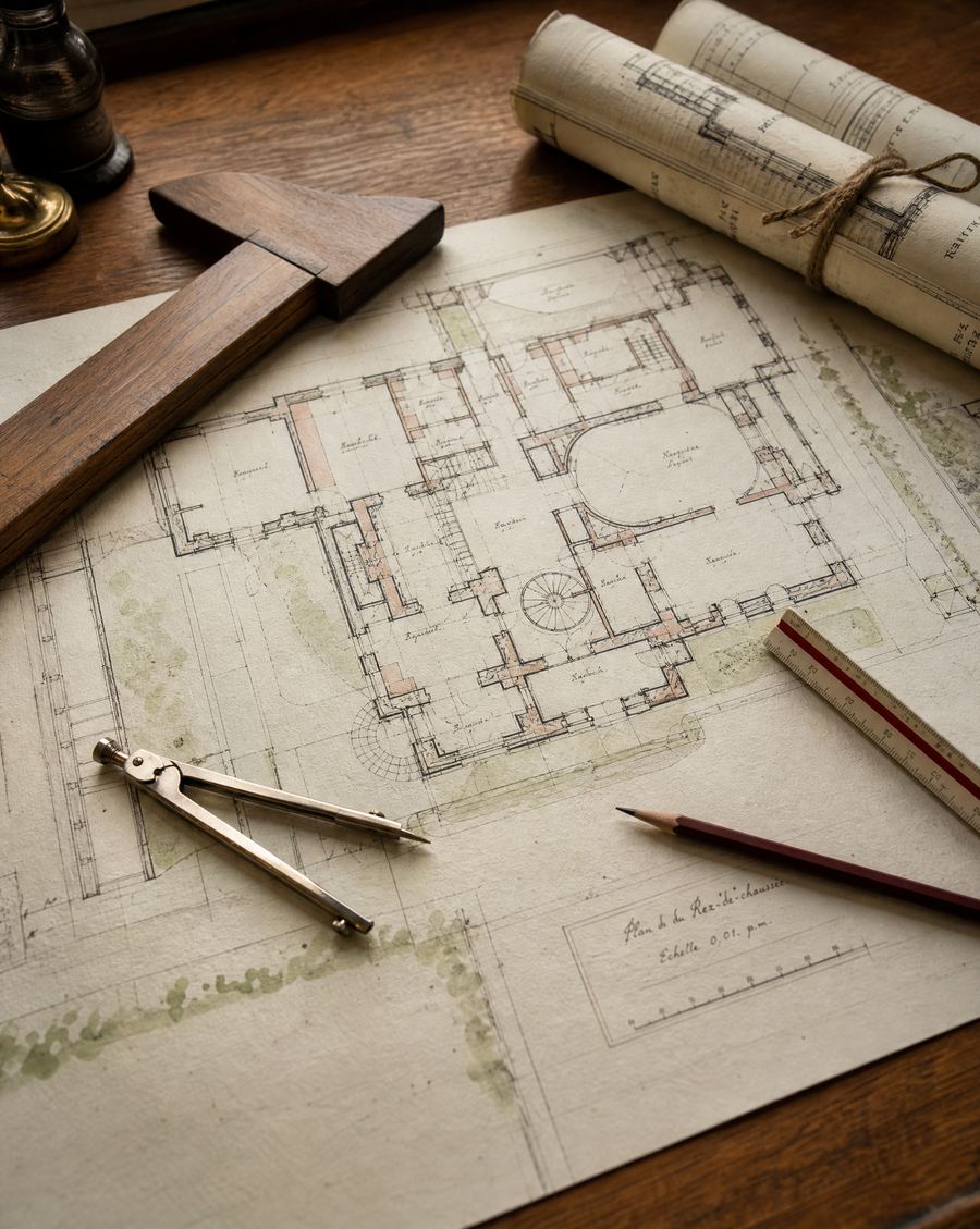 Architect's drafting desk with blueprints and drafting tools