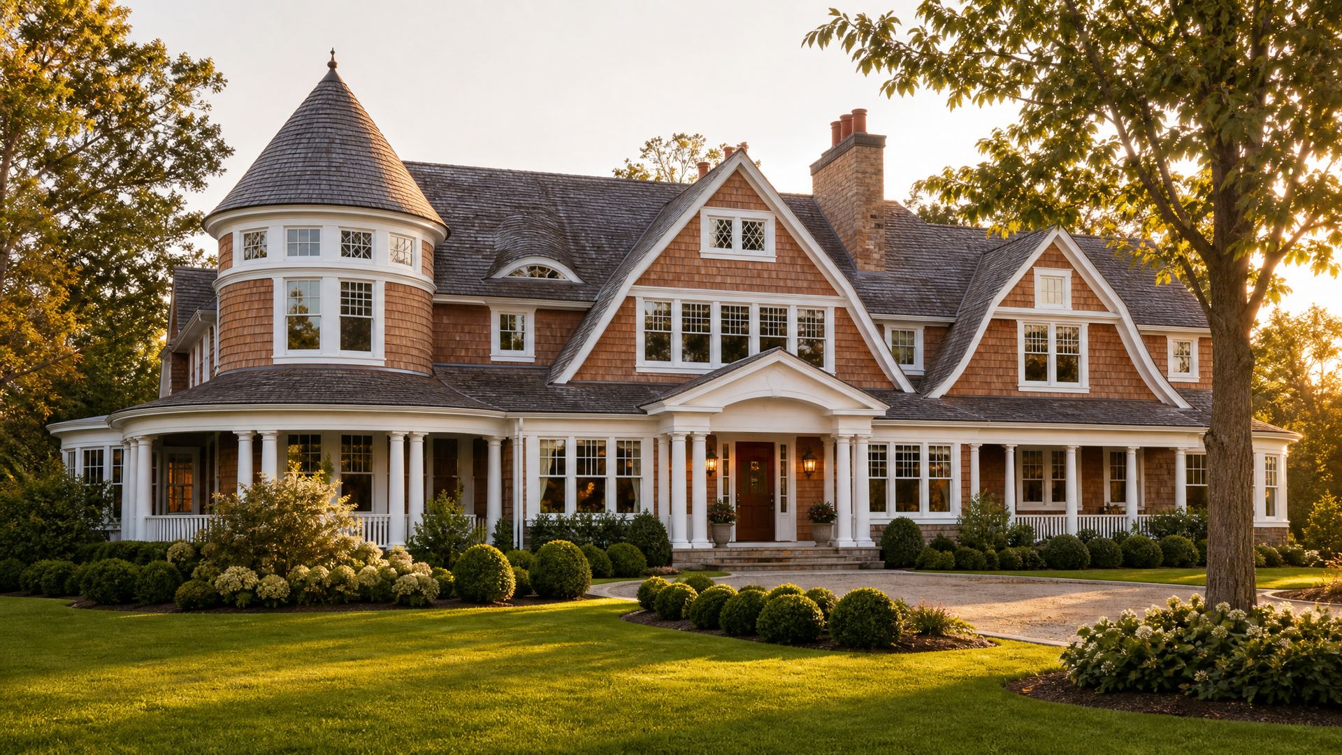 Gold Coast shingle-style estate at golden hour